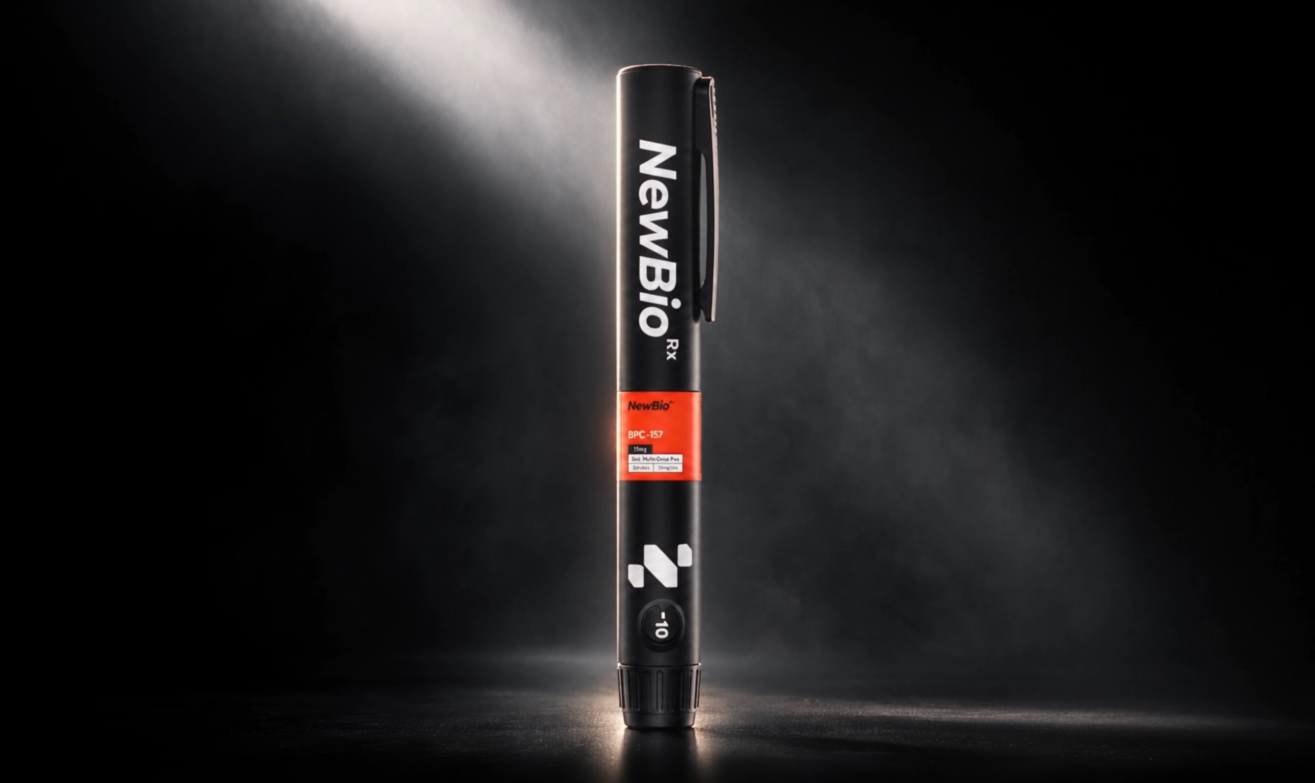 A NewBioRx peptide pen standing under a spotlight
